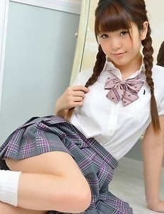 Mizuho Shiraishi with sexy pigtails shows ass under skirt
