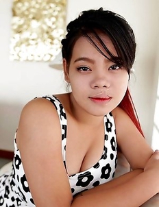 Chubby and cute Thai Wa with beautiful heavy-hangers pleasing white traveler in hotel room