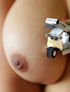 Chubby and cute Thai Wa with beautiful heavy-hangers pleasing white traveler in hotel room