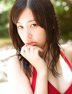 Mikako Horikawa with hot body in red lingerie plays outdoor