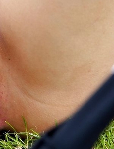 Lovely asian girl Ying Charintip with fingers spreads her hairy pussy on the lawn