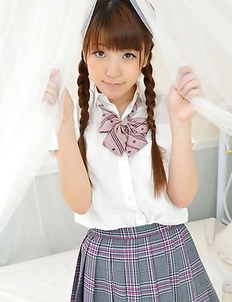 Mizuho Shiraishi with pigtails and uniform sits with ass up